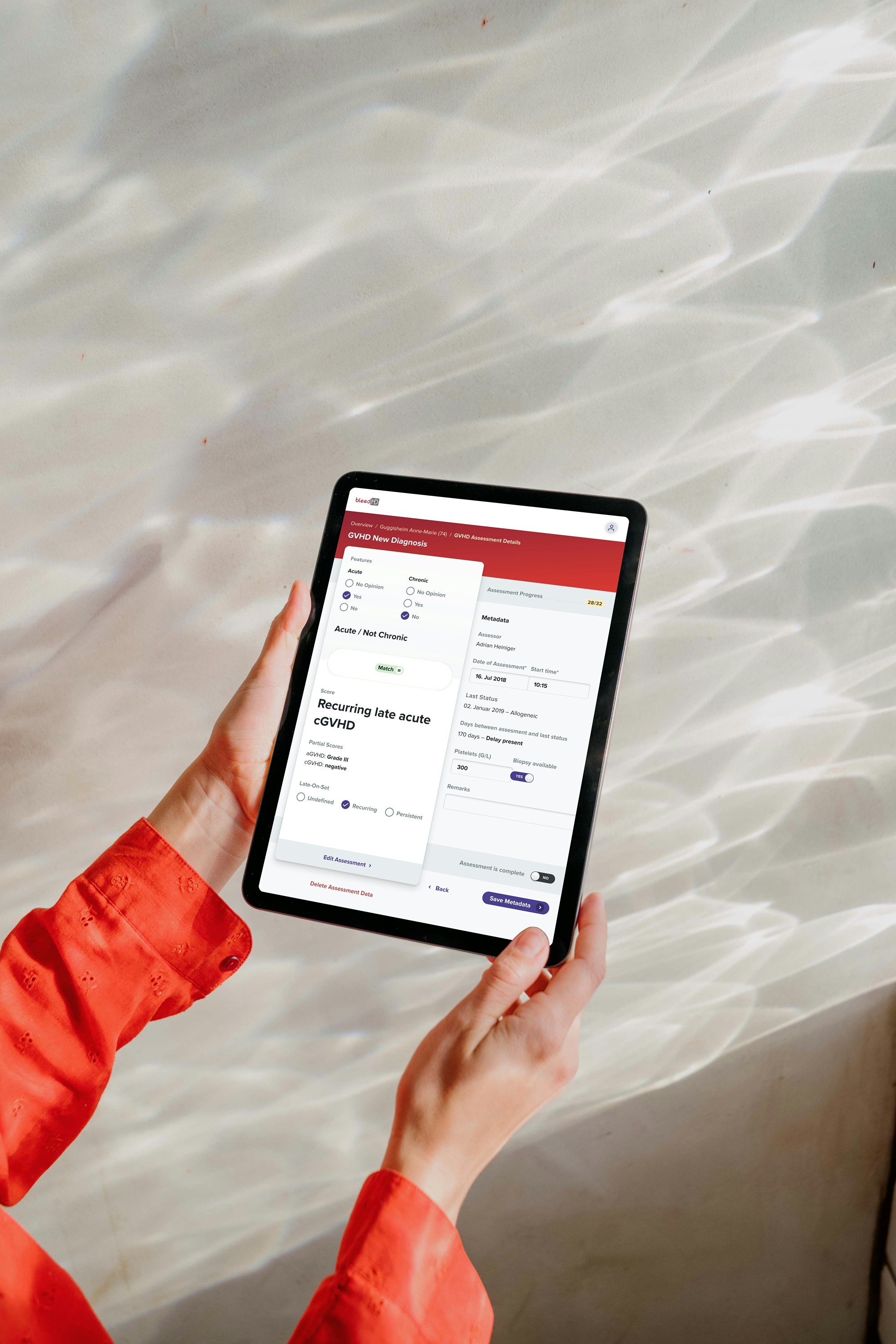 Person holding a tablet displaying a medical scheduling app against a light background.