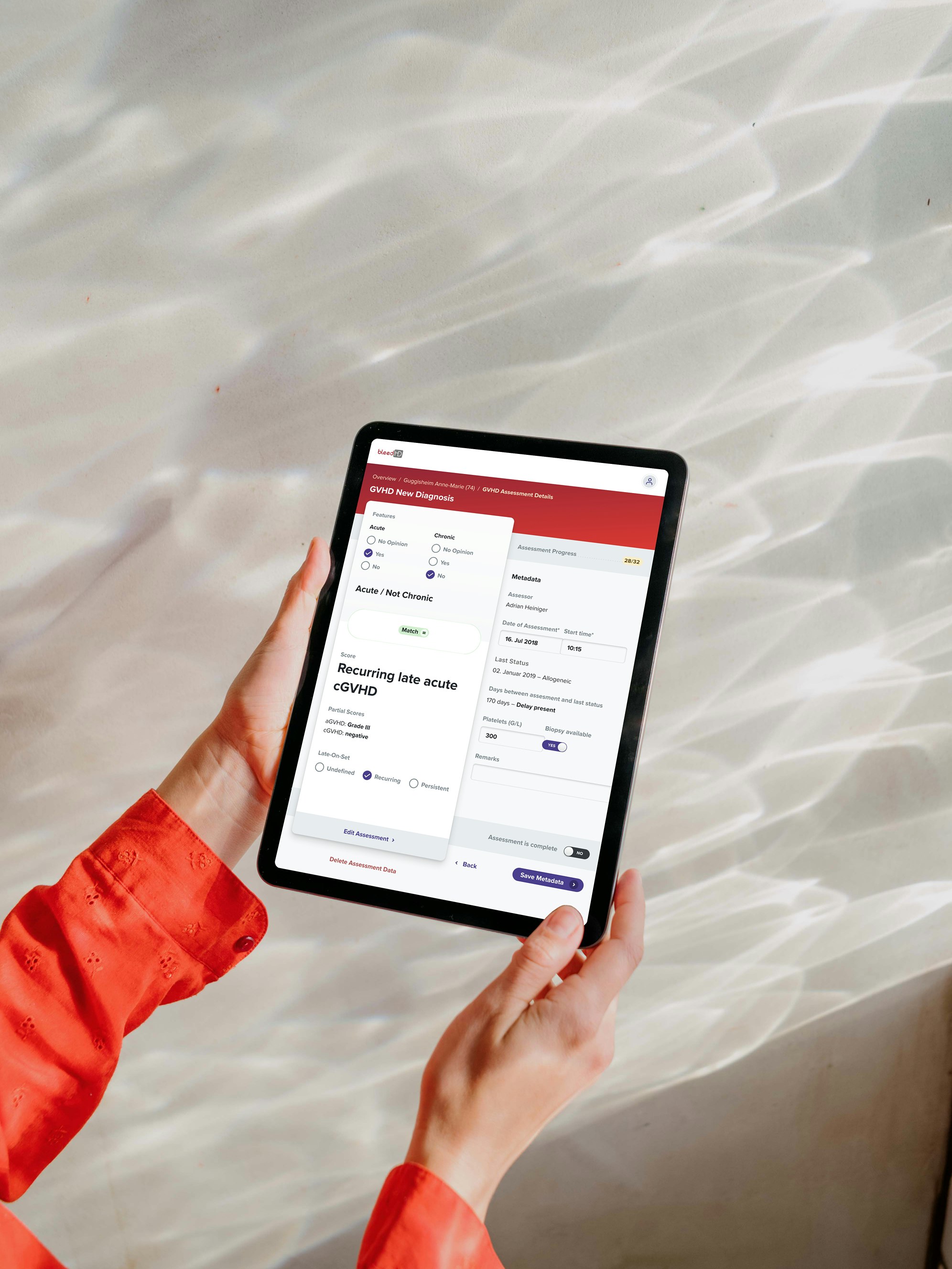 Person holding a tablet displaying a medical scheduling app against a light background.