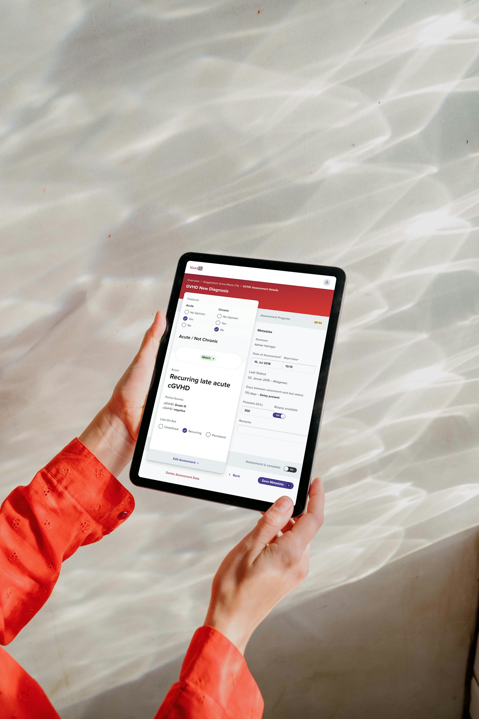 Person holding a tablet displaying a medical scheduling app against a light background.