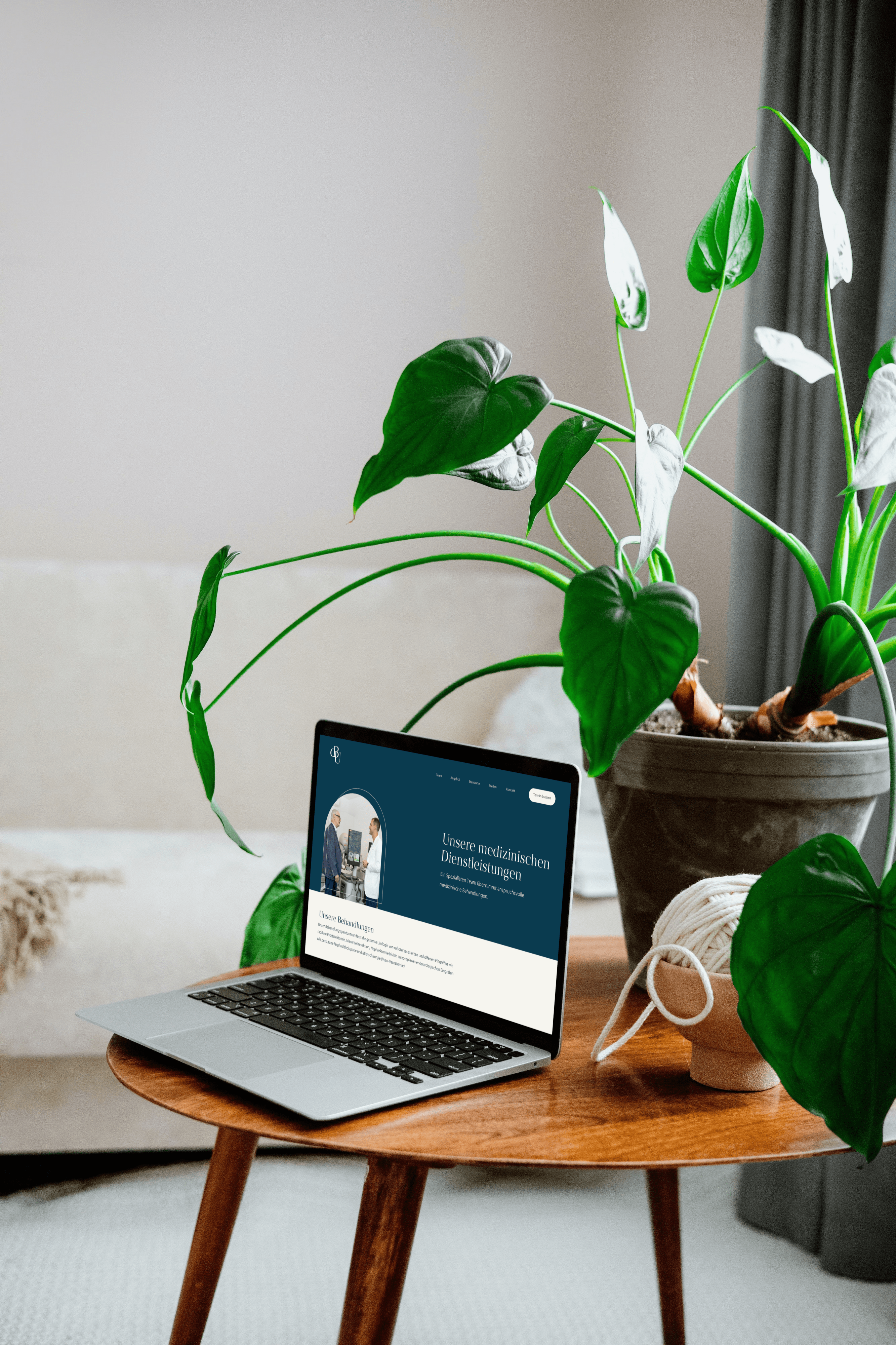 A laptop displaying a website is on a wooden table next to a large potted plant in a cozy living room setting.