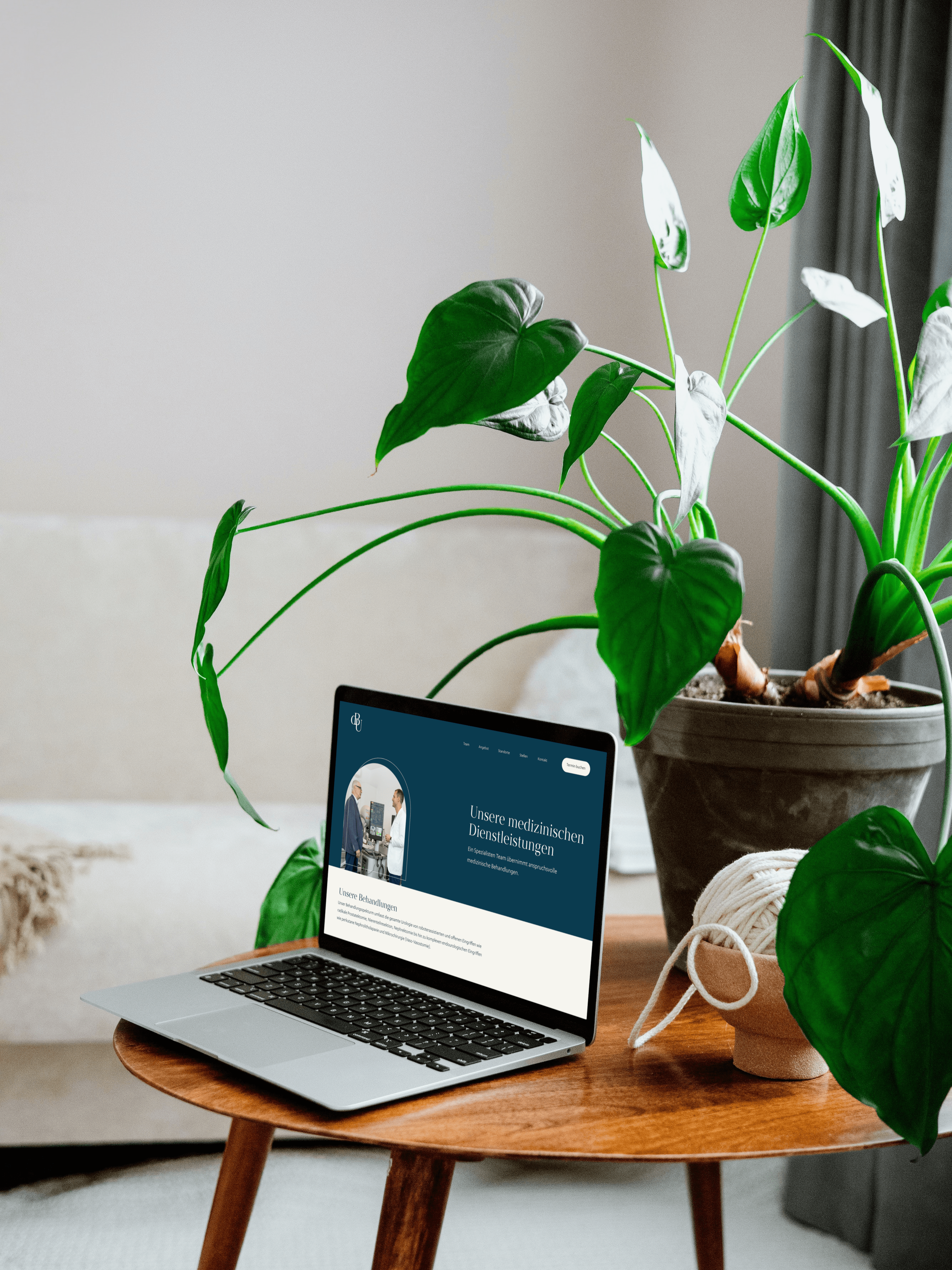 A laptop displaying a website is on a wooden table next to a large potted plant in a cozy living room setting.