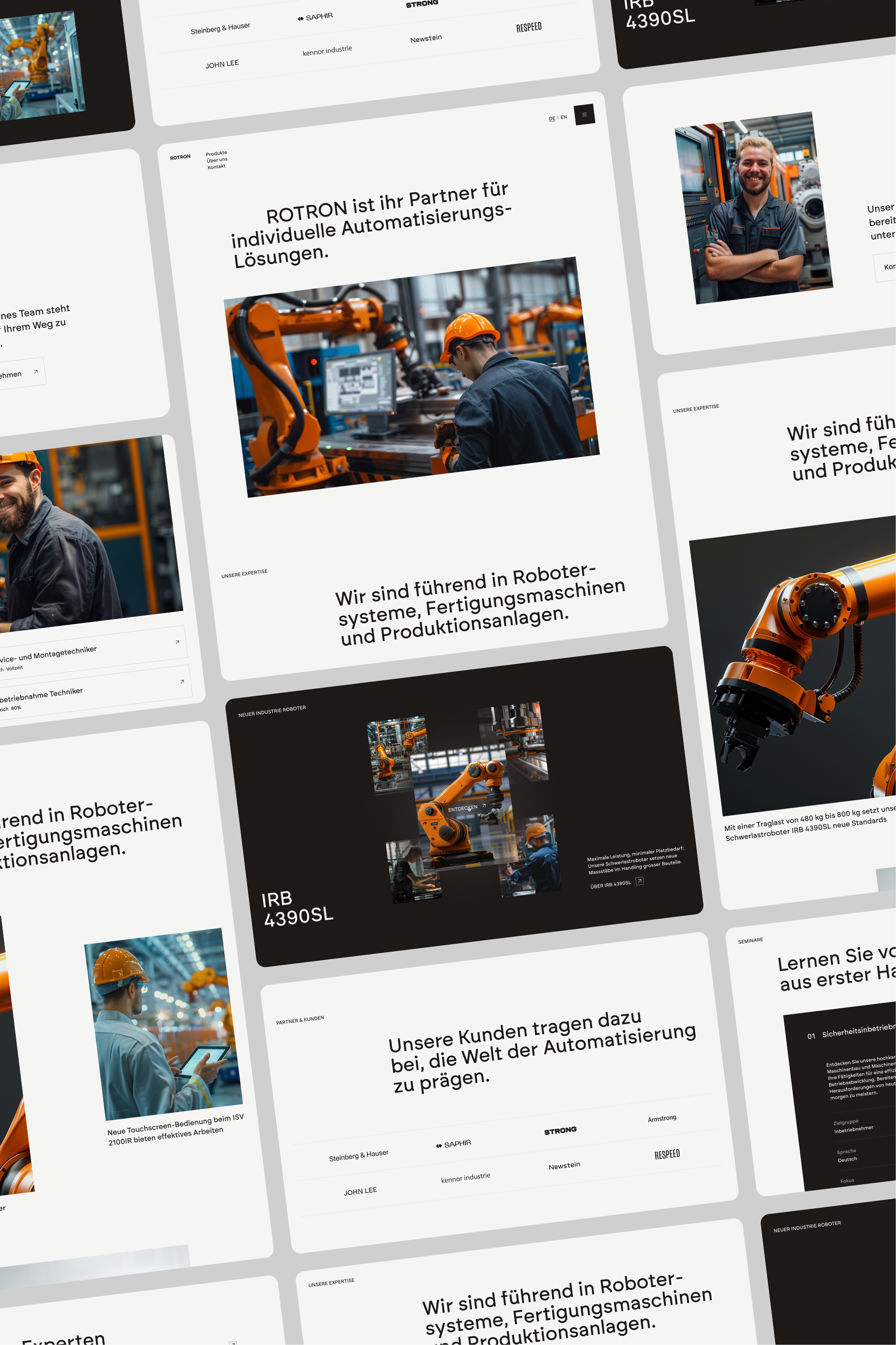 Eine Collage aus Webseiten, die die industrielle Automatisierung präsentieren. Die Bilder zeigen Roboterarme und Arbeiter in Fabriken. Der Text auf Deutsch diskutiert Automatisierungslösungen und Partnerschaften und hebt technologische Fortschritte und Fachwissen im Bereich Maschinensysteme hervor.