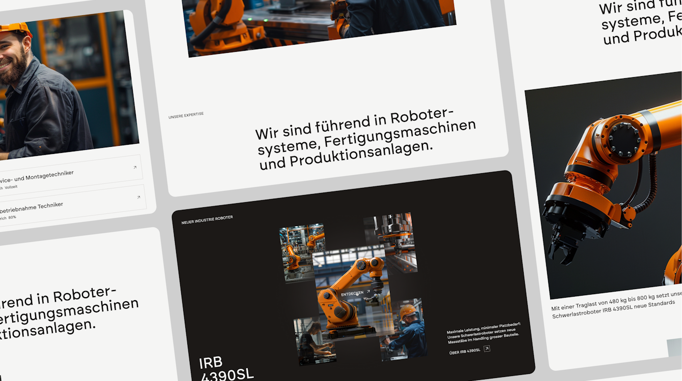 Eine Collage aus Webseiten, die die industrielle Automatisierung präsentieren. Die Bilder zeigen Roboterarme und Arbeiter in Fabriken. Der Text auf Deutsch diskutiert Automatisierungslösungen und Partnerschaften und hebt technologische Fortschritte und Fachwissen im Bereich Maschinensysteme hervor.