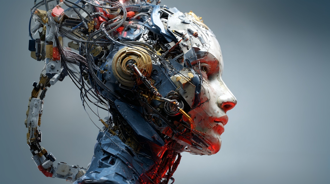 Side profile of a futuristic humanoid robot with exposed mechanical parts, wires, and metal components, set against a neutral background.