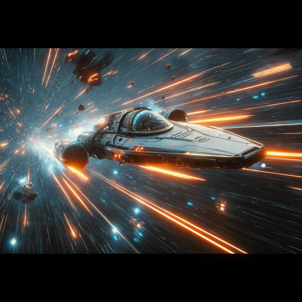 Ein futuristisches Raumschiff rast durch den Weltraum, mit leuchtend orangefarbenen und blauen Lichtstreifen und Trümmern rundherum, die ein dynamisches Gefühl von Hochgeschwindigkeitsbewegungen und Action vermitteln.