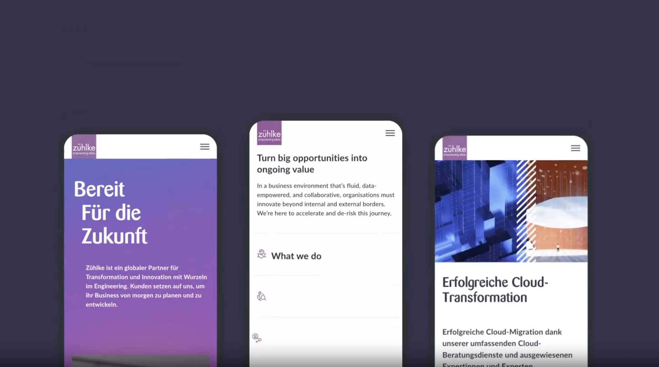 Drei Smartphone-Bildschirme zeigen die Zühlke Website mit einer lilafarbenen Oberfläche und Schlagzeilen auf Deutsch und Englisch über Innovation, Cloud-Transformation und Technologieberatung.