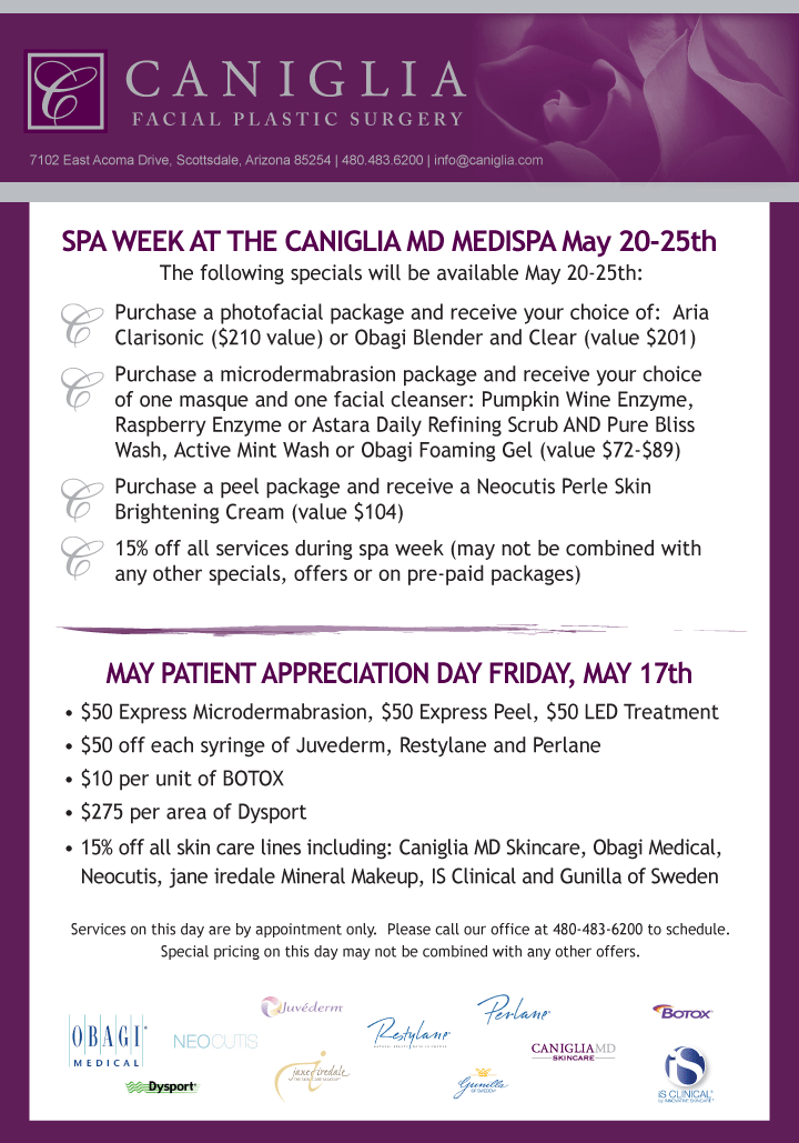 Click Here for April Newsletter! Spa Week At The Caniglia MD Medispa May 20-25th