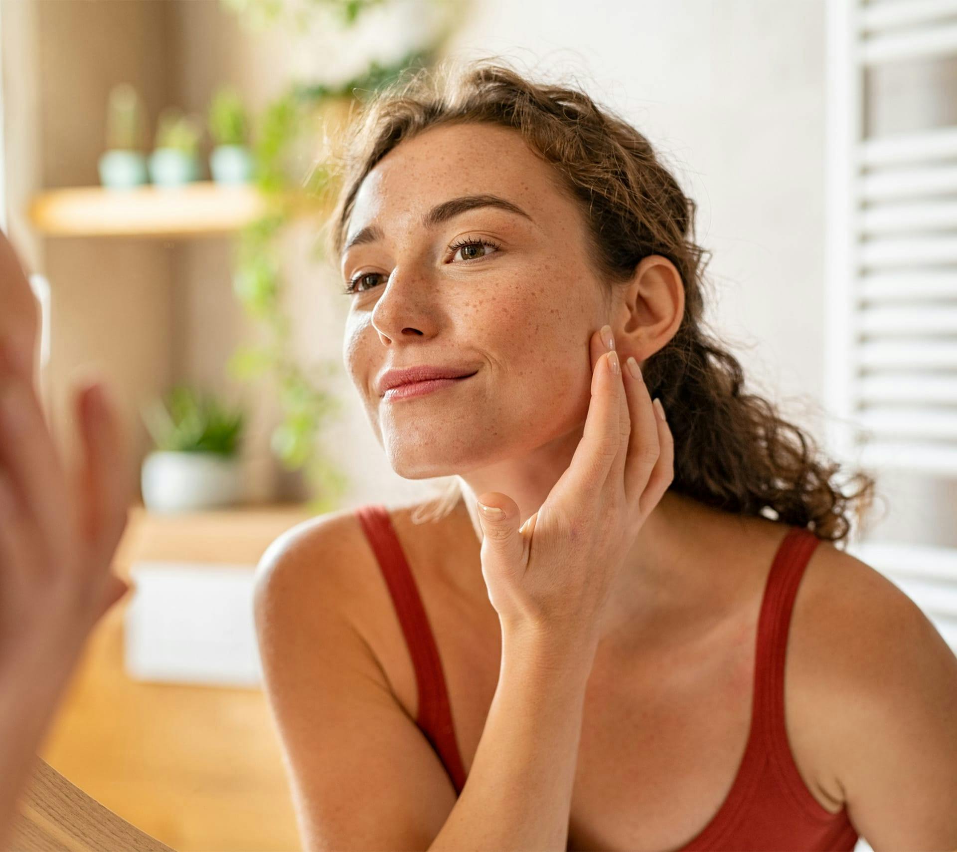 woman looking at her face in a mirror