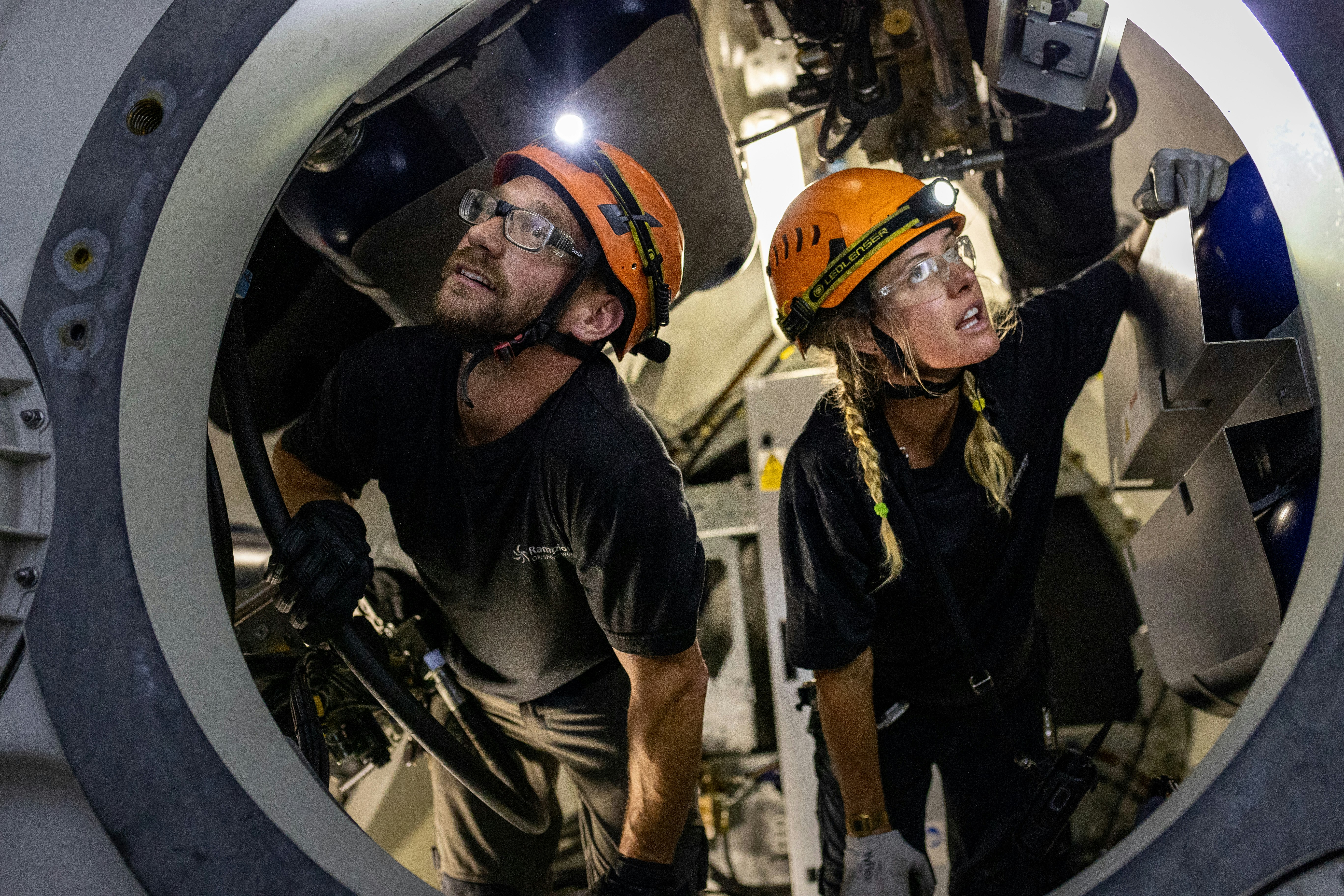 Two engineers working at Rampion offshore wind farm