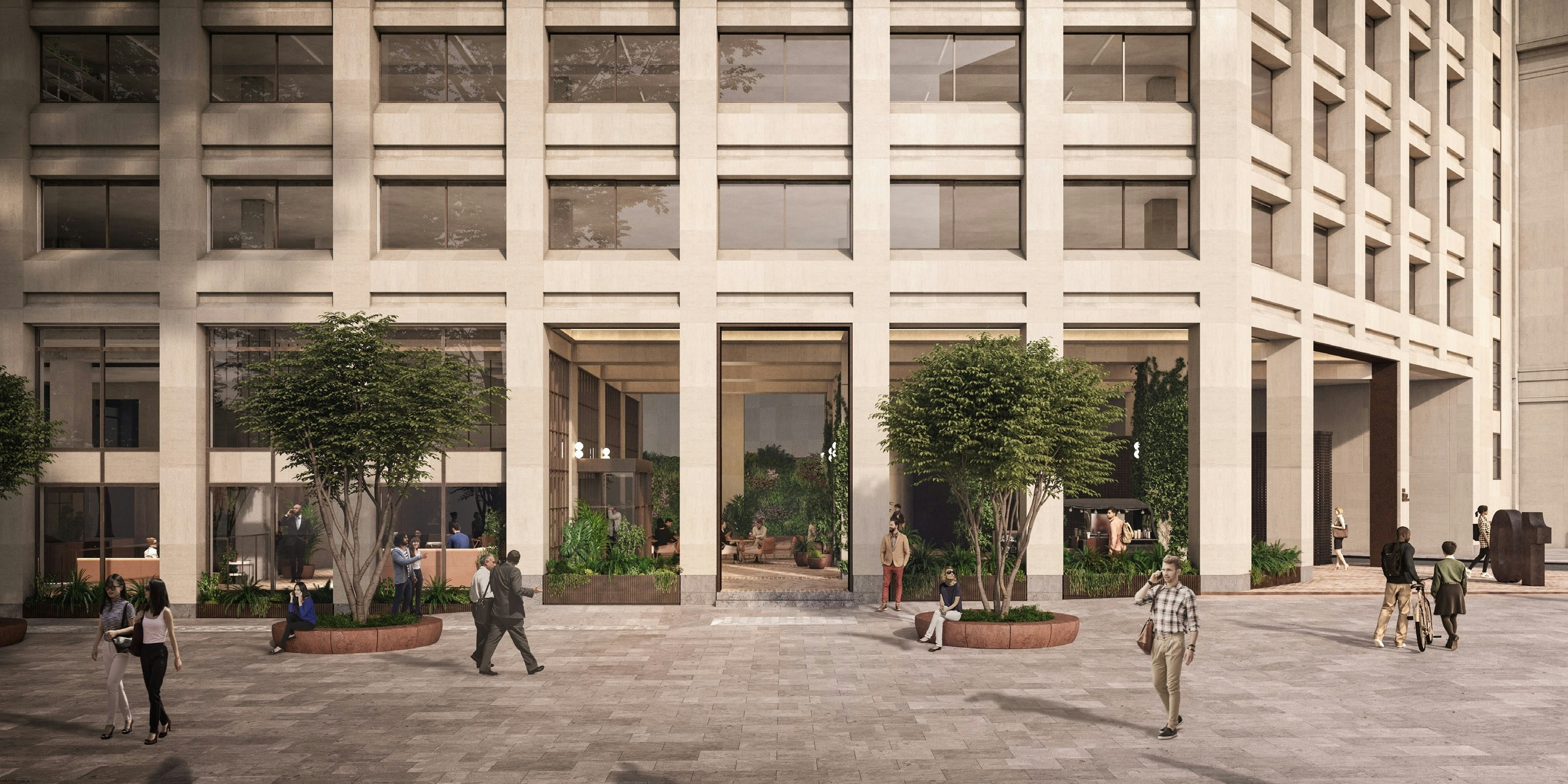 CGI of people walking on pedestrian development