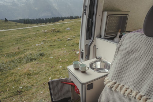 Kitchen box and fridge in VW T5 from Balkan Campers in Julian Alps, Slovenia