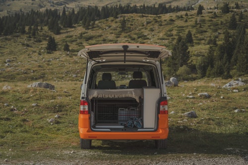 View of the trunk in VW T5 from Balkan Campers at Vršič Mountain Pass, Slovenia