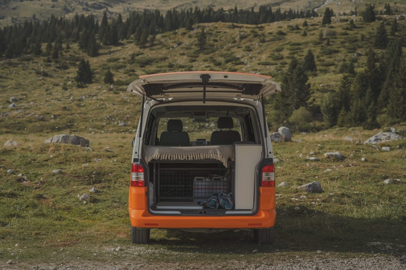 View of the trunk in VW T5 from Balkan Campers at Vršič Mountain Pass, Slovenia