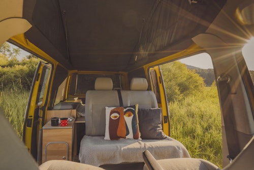 The view of the rear seats in VW T5 from Balkan Campers with in Slovenia