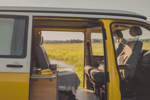 The view of the sliding door in VW T5 from Balkan Campers in Slovenia