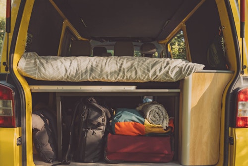 The view of the trunk in VW T5 from Balkan Campers in Slovenia