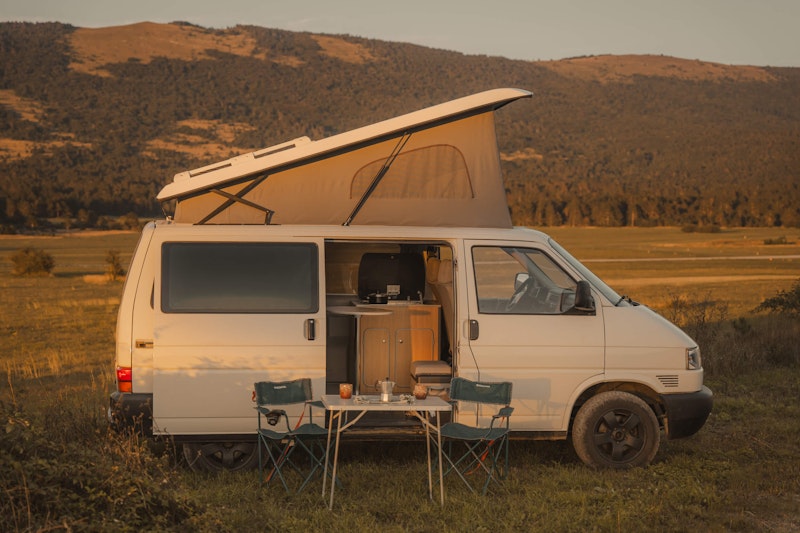 Side view of VW T4 from Balkan Campers with a pop top roof in Ljubljana, Slovenia