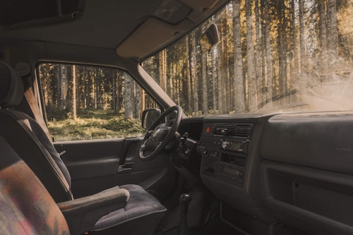 View of the dashboard of VW T4 with a pop top roof and 4WD in Pokljuka, Slovenia