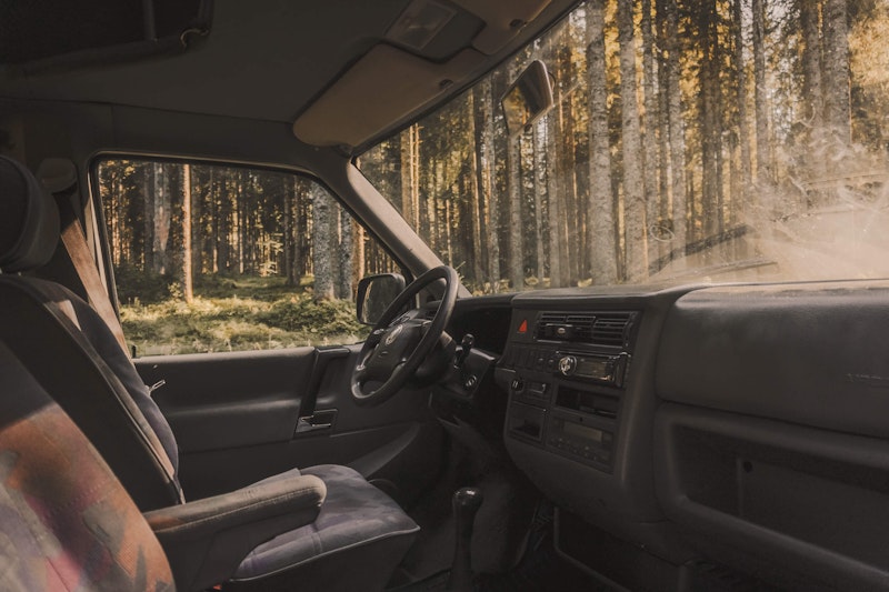View of the dashboard of VW T4 with a pop top roof and 4WD in Pokljuka, Slovenia