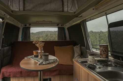 Living space in  VW T4 with a pop top roof and 4WD in Karavanke mountains, Slovenia