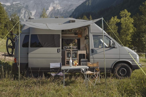 VW T4 with 4WD and hard roof top camping in Slovenian mountains
