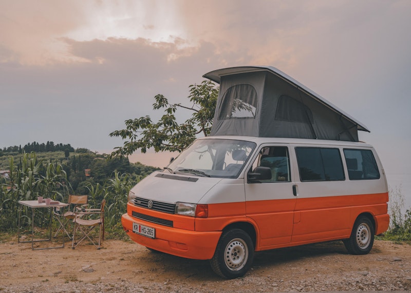 VW T4 campervan with pop top roof at Slovenian coast.