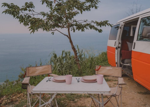 Sliding door and outside space of our VW T4 campervan Pipi