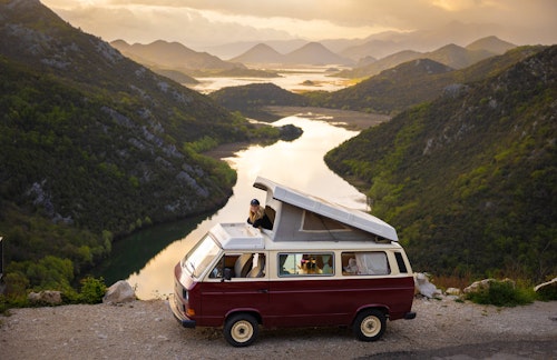 Original Westfalia VW T3 from Balkan Campers with a pop top roof in the Canyon of Crnojevica river, Montenegro