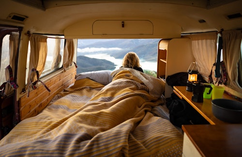 Downstairs bedroom inside a VW T3 from Balkan Campers with a pop top roof in Podgorica, Montenegro
