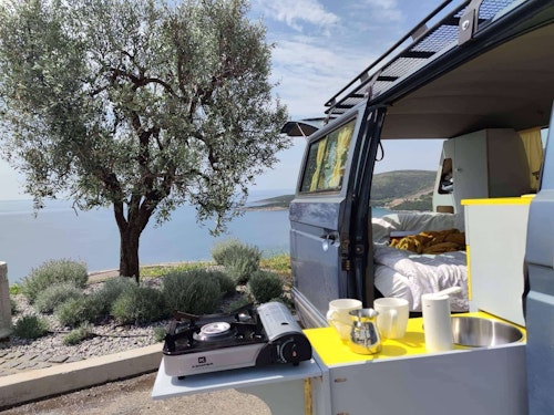 Kitchen box in VW T3 campervan from Balkan Campers at Montenegro coast