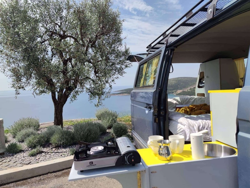 Kitchen box in VW T3 campervan from Balkan Campers at Montenegro coast