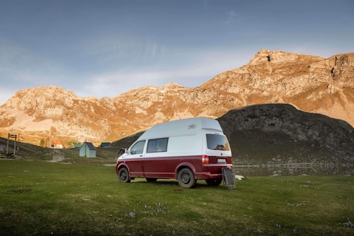Side view of VW T5 campervan from Balkan Campers free camping in Žabljak, Montenegro