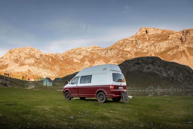 Side view of VW T5 campervan from Balkan Campers free camping in Žabljak, Montenegro