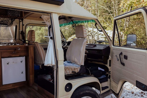 Front seats of VW T3 Campervan from Balkan Campers in Soča Valley, Slovenia