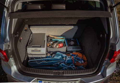 Trunk of VW Tiguan with 4WD and Roof tent from Balkan Campers in Kamenjak National Park, Croatia