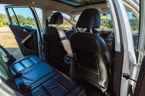 Rear seats in VW Tiguan with 4WD and Roof tent from Balkan Campers in Kamenjak National Park, Croatia