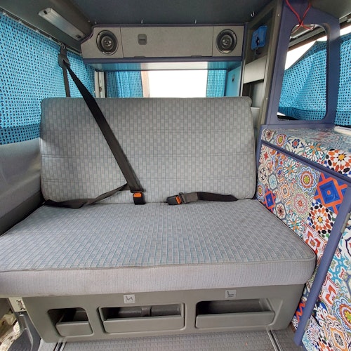 Rear seats of VW T4 Campervan Original Westfalia with pop top roof from Balkan Campers in Kobarid, Slovenia