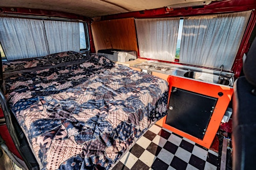 Interior of VW T4 Campervan with roof tent from Balkan Campers in Tolmin, Slovenia
