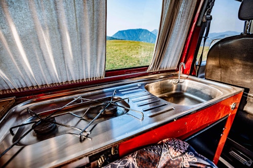 Kitchen Box in VW T4 Campervan with roof tent from Balkan Campers in Tolmin, Slovenia