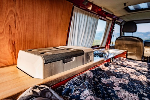 Compressor Fridge in VW T4 Campervan with roof tent from Balkan Campers in Tolmin, Slovenia