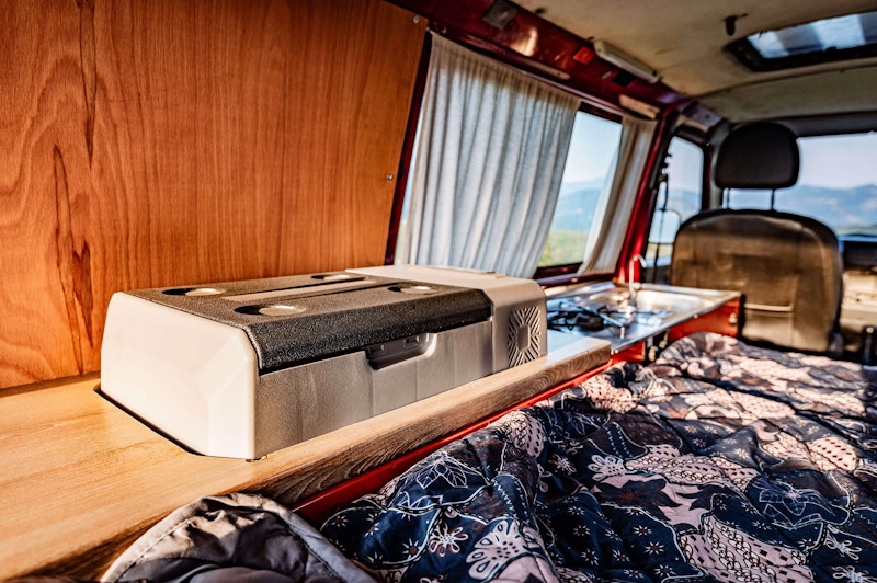 Compressor Fridge in VW T4 Campervan with roof tent from Balkan Campers in Tolmin, Slovenia