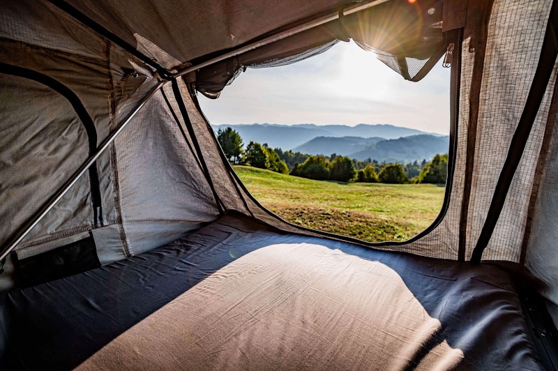 Roof tent view in VW T4 Campervan with roof tent from Balkan Campers in Tolmin, Slovenia