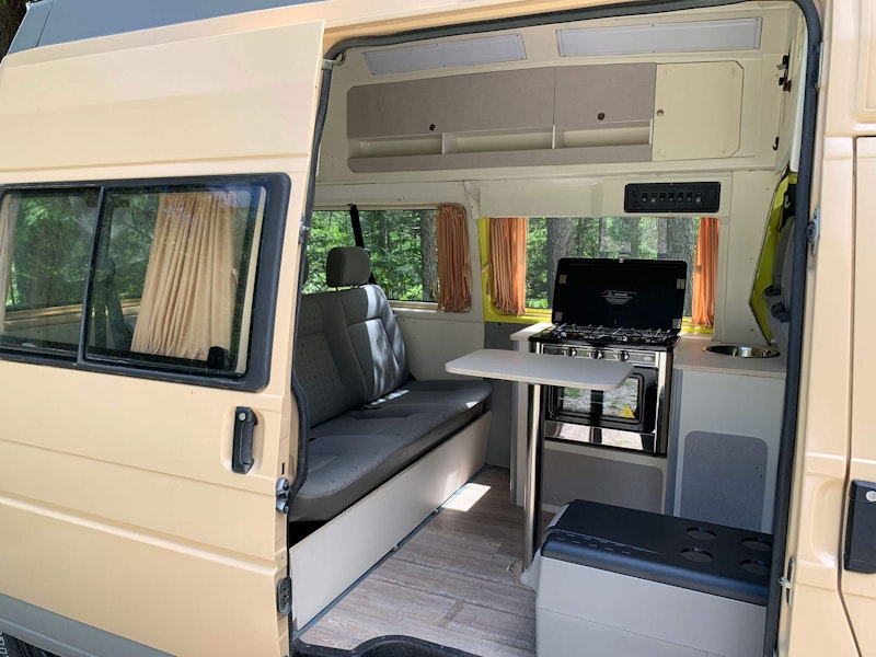 Interior of VW T4 Campervan with 4WD and high roof top from Balkan Campers in Logar Valley, Slovenia