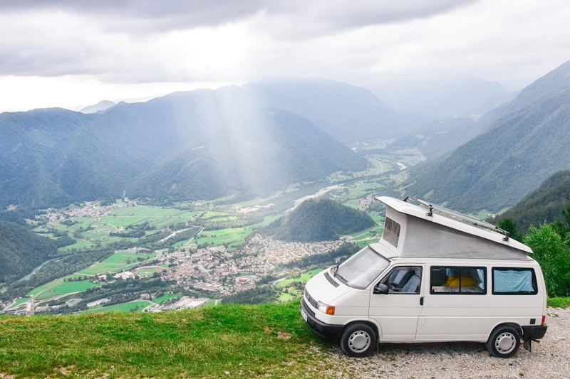 Side view of VW T4 Campervan Original Westfalia with pop top roof from Balkan Campers in Kobarid, Slovenia