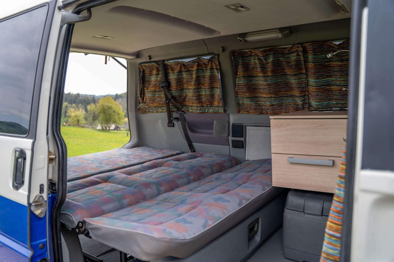 Foldable bed in VW T4 Campervan Dino from Balkan Campers in Ljubljana, Slovenia