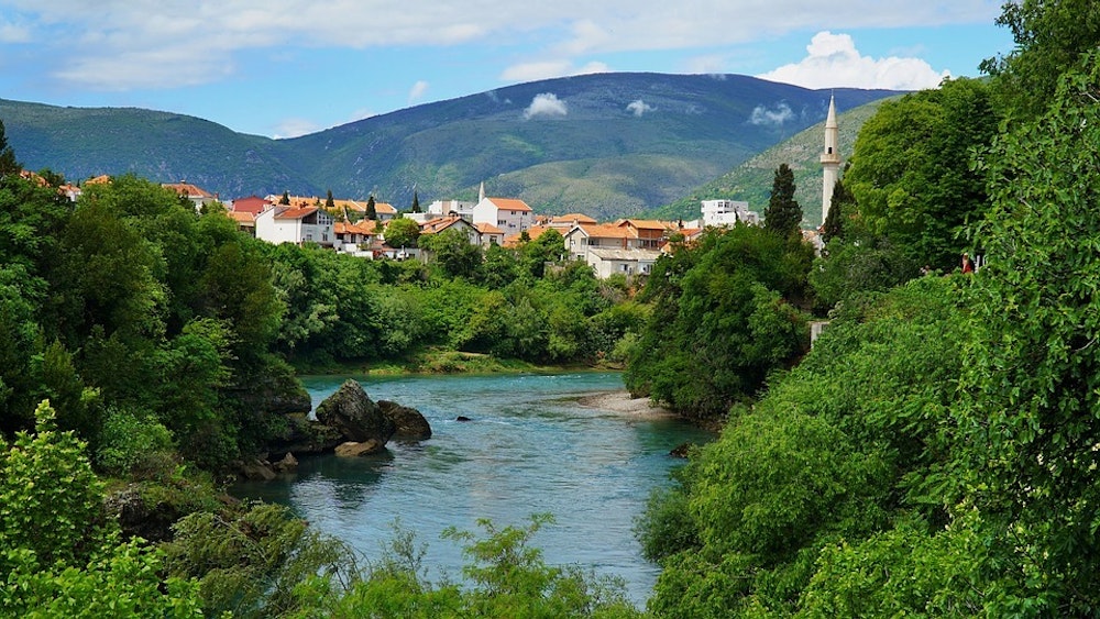 Picturesque Mostar town in Bosnia, with beautiful Neretva river.