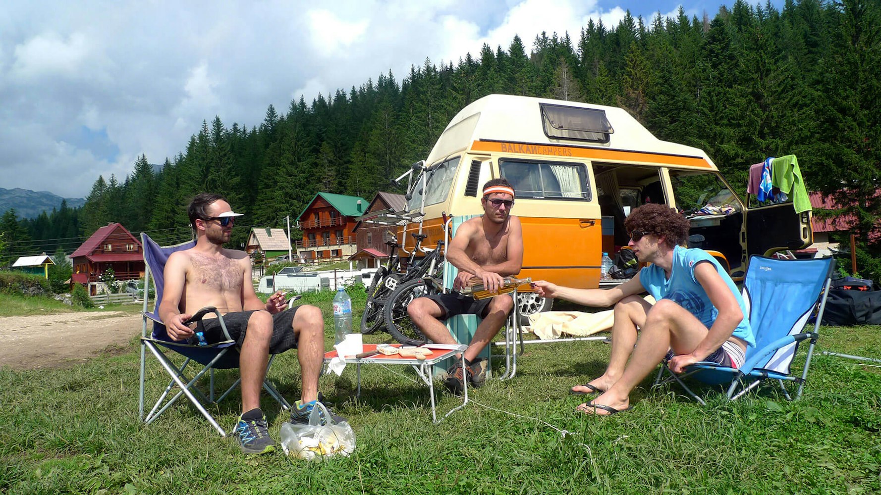Primoz, Rožle and Mitja hanging in the camp on the Black Lake in Žabljak, Montenegro