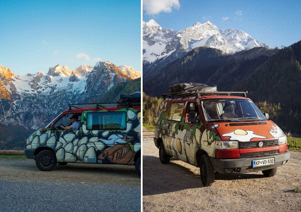 VW T4 Camper van from Balkan Campers in Solčava scenic road in Slovenia
