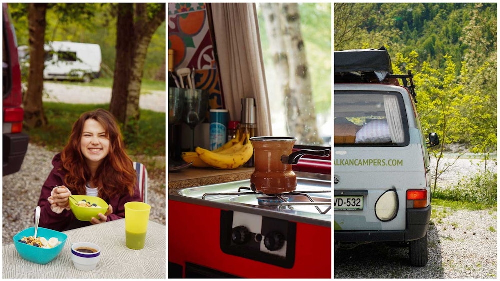 Making coffee and eating breakfast with Balkan Camper Van Katina in Kobarid, Slovenia