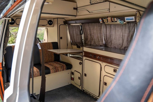 Interior of VW T4 Campervan Original Westfalia with hard roof top from Balkan Campers in Ljubljana, Slovenia